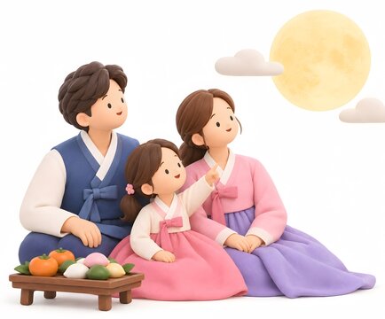 추석 보름달을 바라보며 소원을 비는 한국 가족 3D 일러스트Generating AI