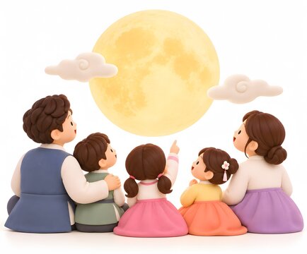 추석 보름달을 바라보며 소원을 비는 한국 가족 3D 일러스트Generating AI