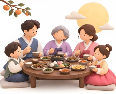 추석 명절 음식을 함께 먹는 한국 가족 3D 일러스트Generating AI