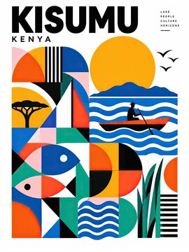 Colorful geometric poster featuring the word KISUMU KENYA, abstract African-inspired patterns, a paddler on blue waves, birds, fish, and plant forms.