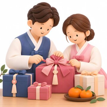 추석 선물을 포장하는 한국 부부 3D 일러스트Generating AI