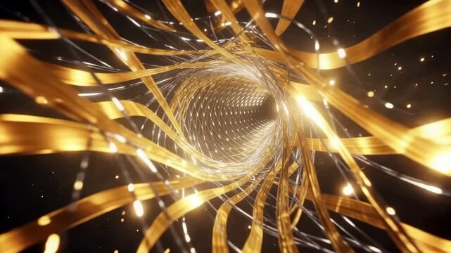Golden swirling ribbons create a mesmerizing tunnel effect with bright lights and a dark background, showcasing a continuous flow of movement and depth perception