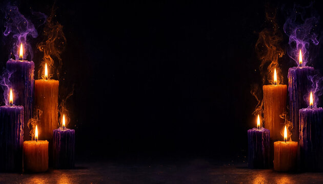 Purple and orange burning candles with smoke on dark background with copy space
