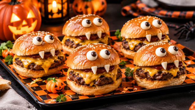 Halloween Monster Hamburgers with Funny Spooky Faces