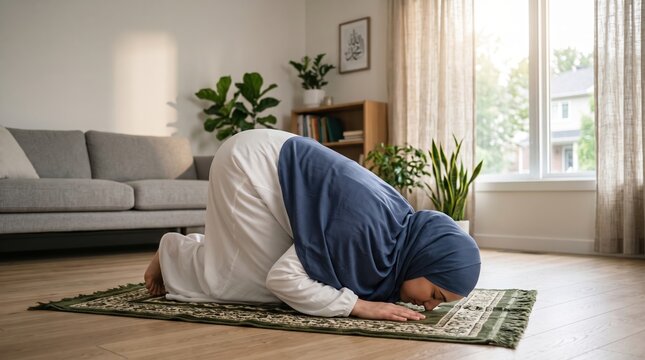 Muslim Activity of a devout woman performing Salat (prayer) on a traditional prayer mat in the quiet comfort of her home, demonstrating spiritual devotion and faith.