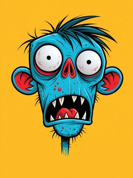 Shocked cartoon monster head on yellow background