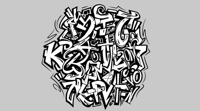 Abstract Black and White Graffiti Typography Design, Street Art Circle Illustration on Grey Background