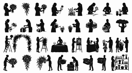 Obraz premium Florist silhouettes are shown arranging flowers.