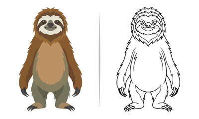 Fototapeta premium Standing sloth colored vector illustration and line art