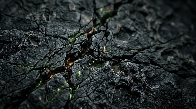 Cracked basalt stone reveals warm glowing fissures beneath its dark textured mineral surface.