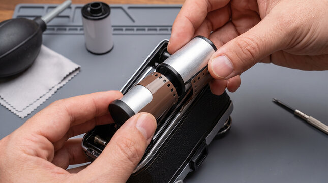Camera film cartridge loading into a vintage camera on a work surface  