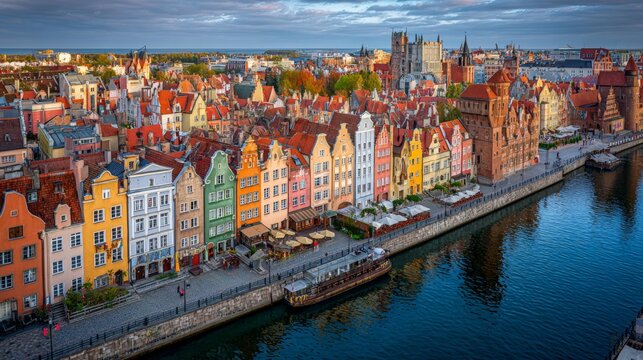 Gdansk city view with colorful old town houses along Motlawa river. Scenic cityscape of historic waterfront architecture. Travel destination for architecture lovers and tourist vacation.