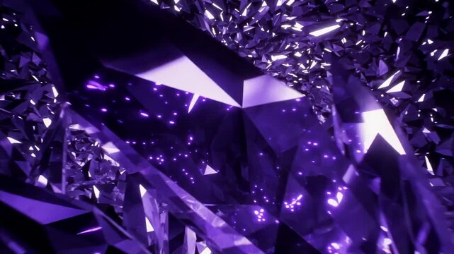 Abstract purple crystal formations create a dynamic visual flow, showcasing sharp edges and reflective surfaces in a mesmerizing geometric pattern within a dark environment