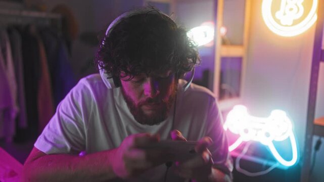 Man with beard and curly hair wearing a headset, holding a smartphone as a game controller with thumbs on screen and leaning forward in a studio lit by neon gaming sign; concentration.