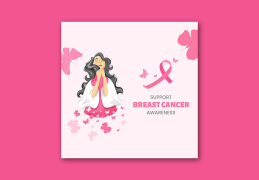 Editable Breast Cancer Awareness Month Social Media Post with Pink Ribbon, Young Woman Illustration.