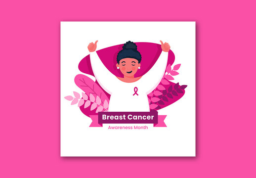 Editable Breast Cancer Awareness Month Social Media Post with Young Girl Showing Thumbs Up and Pink Ribbon.