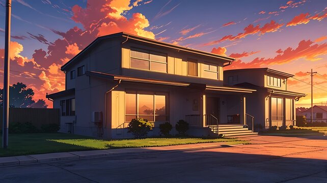 Modern anime house with dramatic sunset lighting, long shadows