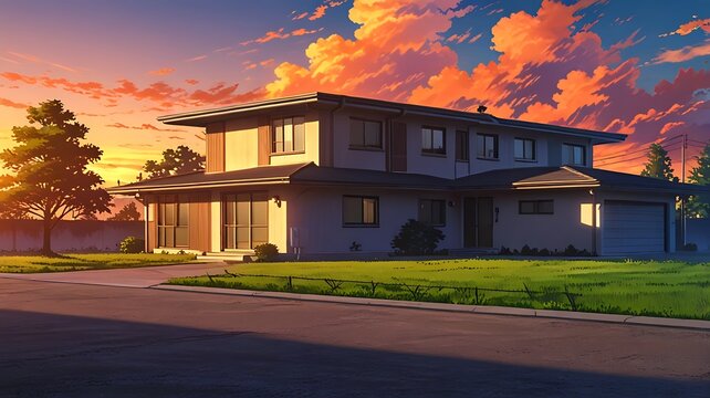 Modern anime house with dramatic sunset lighting, long shadows
