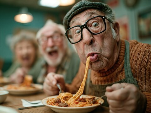 Elderly man comically eating spaghetti at a lively dinner