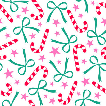 Cute candy cane, ribbon bow and star seamless pattern design for Christmas and new year holidays background.