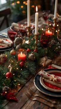 Cena navide&ntilde;a premium con velas rojas, decoraci&oacute;n de abeto y mesa elegante preparada para celebrar