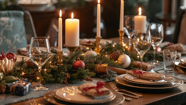 Cena de Navidad elegante con velas, vajilla blanca y adornos dorados sobre mesa festiva