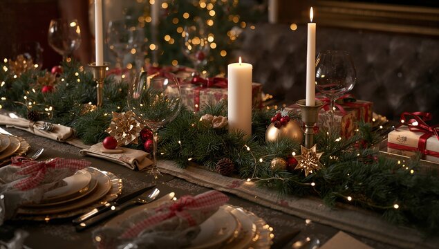 Mesa de Navidad premium con velas encendidas, guirnalda de abeto y luces bokeh al fondo