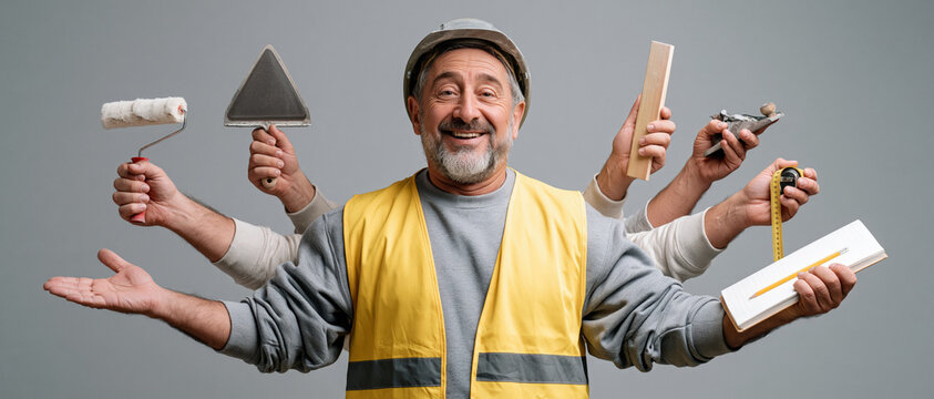 Humorous studio portrait of a smiling mature multi-armed handyman builder in safety helmet and reflective vest holding various construction and finishing tools.