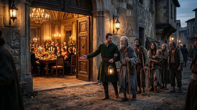The Parable of the Great Banquet. A servant enthusiastically inviting the poor, crippled, and blind from the dusty city streets into a lavish feast