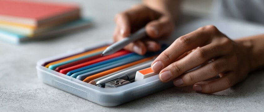 Close-up macro shot of hands placing a silver pen into a plastic pencil case filled with colorful pens, markers, and a sharpener on a study desk.