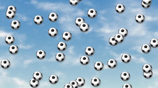 Soccer Balls Falling from Blue Sky with White Clouds Animation