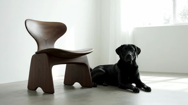 Black Labrador Retriever dog lying on floor next to wooden chair
