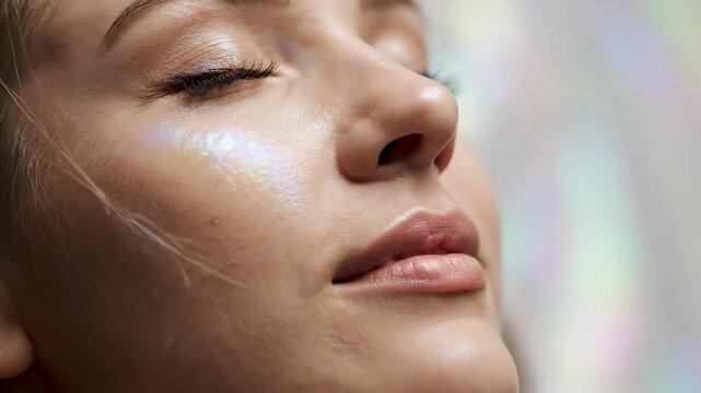 Close-up of a woman's face with glowing skin and natural makeup