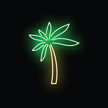 Palm tree icon is glowing with green and yellow neon light on a black background