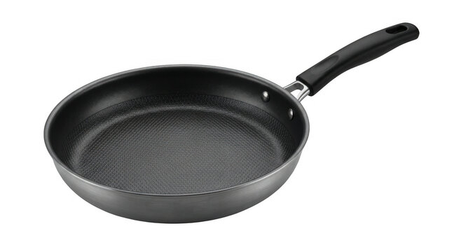 Empty nonstick frying pan with black handle for cooking food isolated on transparent background