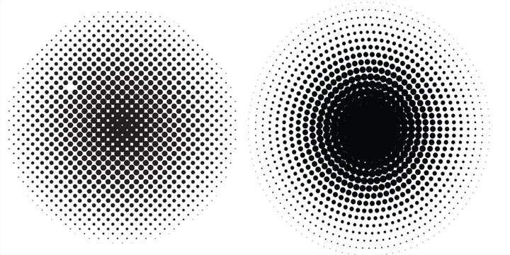 Set of halftone dots gradient pattern texture isolated on white background. Straight dotted spots using halftone circle dot raster texture. Vector blot half tone collection.