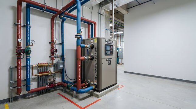 Industrial geothermal heat pump system in clean mechanical room with color-coded piping for sustainable climate control.