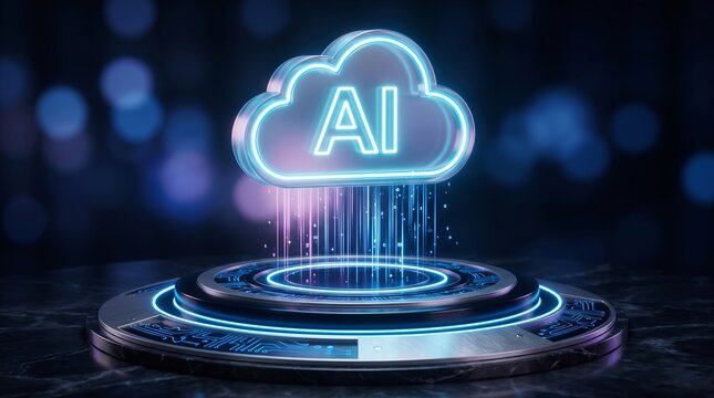 Artificial intelligence cloud computing glowing concept icon on a digital platform with technology innovation abstract computer connectivity information infrastructure
