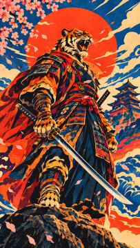Samurai Tiger Warrior Japanese Armor Fierce Wild Animal Fantasy Warrior Japanese Culture Concept Art