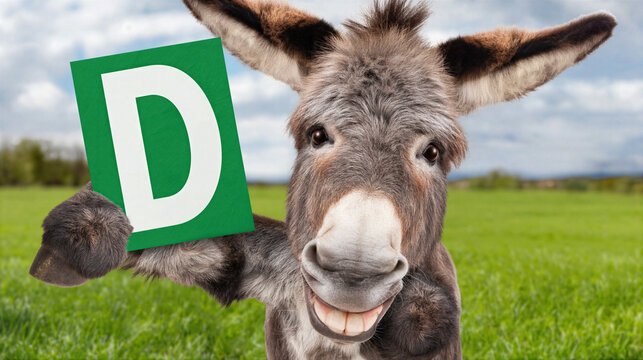 Donkey holding green card with letter D smiling in grassy field under cloudy sky