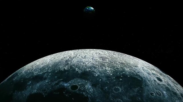 View of the moon surface with earth rising in the distance over black space
