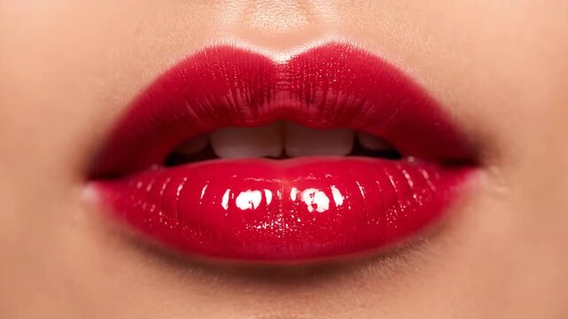 Close-up of a woman's glossy red lips with perfect makeup