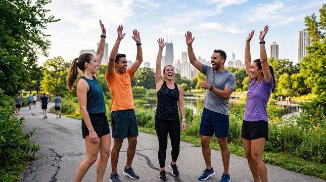 Friends Running of a diverse group celebrating with high fives in a city park after a successful run.