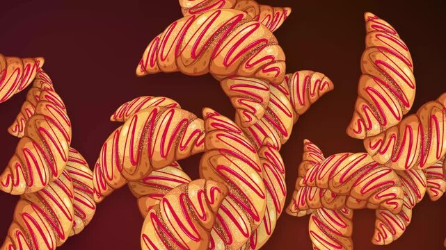 Animated Bursting Croissants with Red Glaze on Dark Background