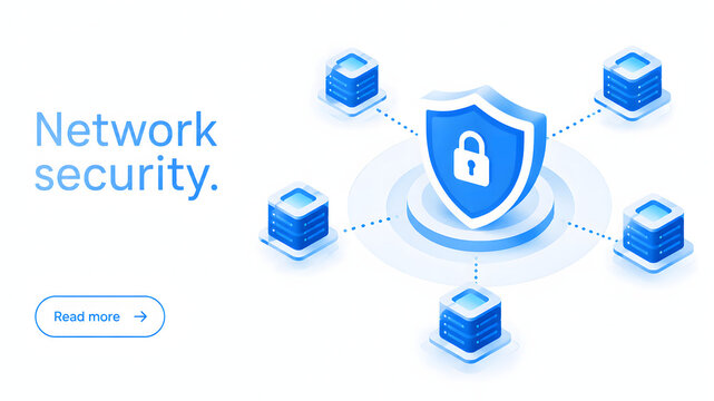 Blue isometric server nodes surround a central shield with a padlock icon. Data protection graphics represent cloud safety, network security, and cyber defense. Vector banner for website.