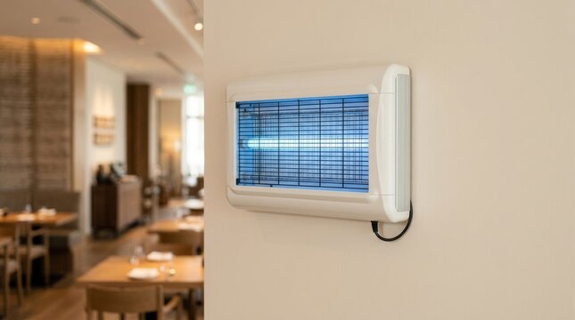 Electric insect killer trap mounted on a restaurant wall.