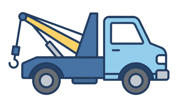 Minimalist flat line art icon of a compact tow truck isolated on a white background, representing towing and roadside assistance concept