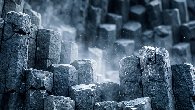 Basalt columns geological formation featuring vertical hexagonal stone pillars with misty atmosphere and soft dramatic lighting for natural background texture