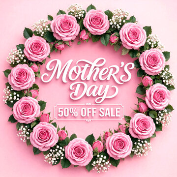 Beautiful pink roses arranged in a floral wreath celebrating Mothers Day with fifty percent off sale promotion