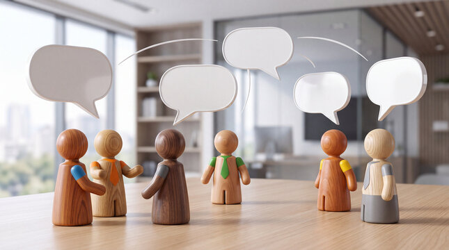 Toy wooden people figures in a meeting, discussing ideas with speech bubbles, representing teamwork and communication in a modern office setting